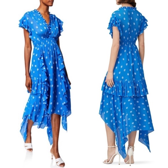 SHOSHANNA‎ Cobalt Floral Embroidered Asymmetric Hem Ruffle Tier Maxi Dress 14 - Picture 6 of 14